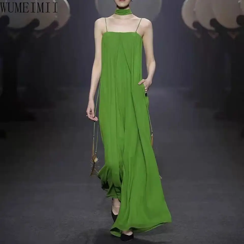

High waist wide leg pants women's summer drape seaside vacation Chinese style suspender fringed dress pants