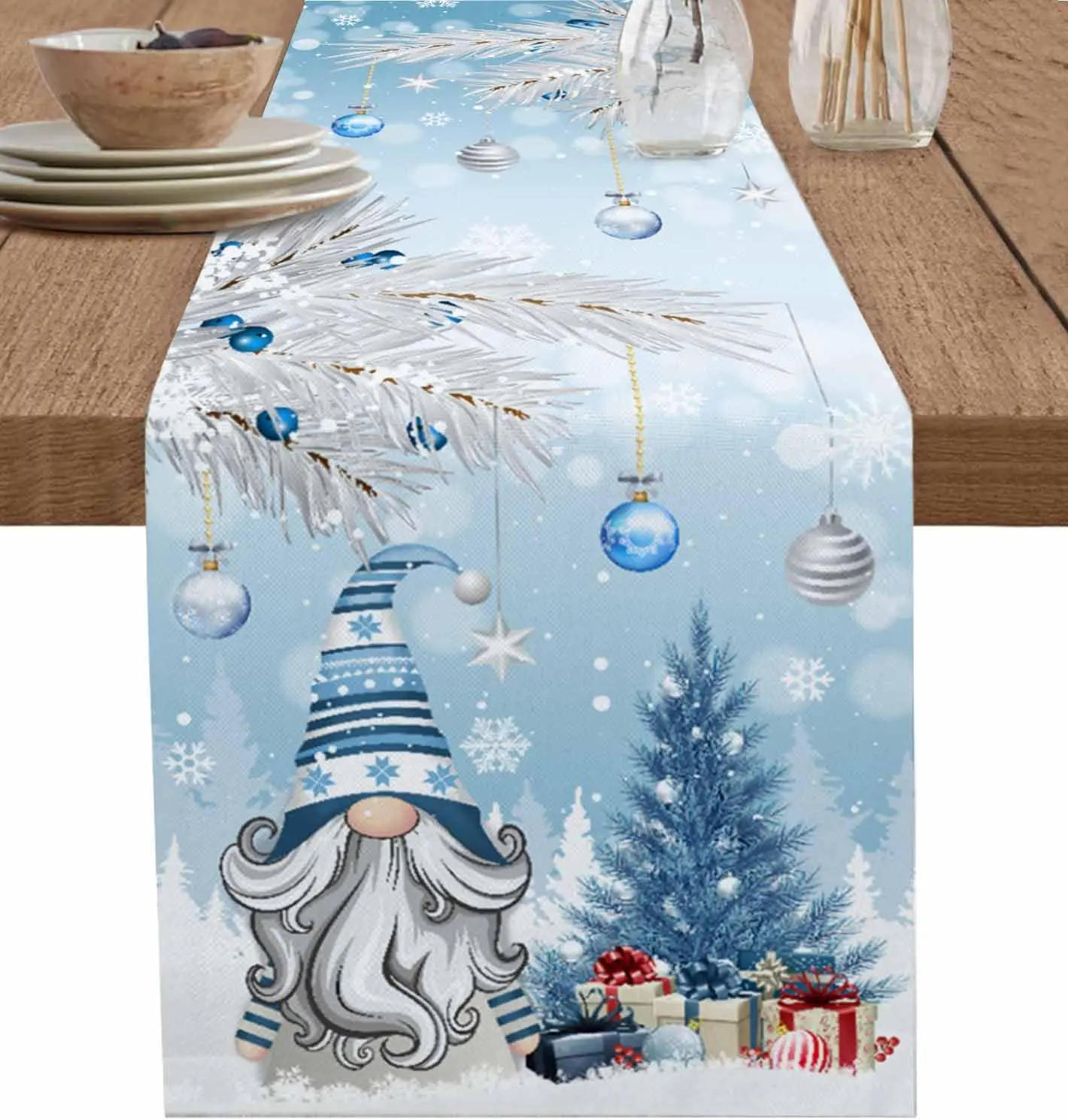 

Christmas Blue Gnomes Linen Table Runners Holiday Party Decor Kitchen Dining Table Runners Dresser Scarf Decor Christmas Decor