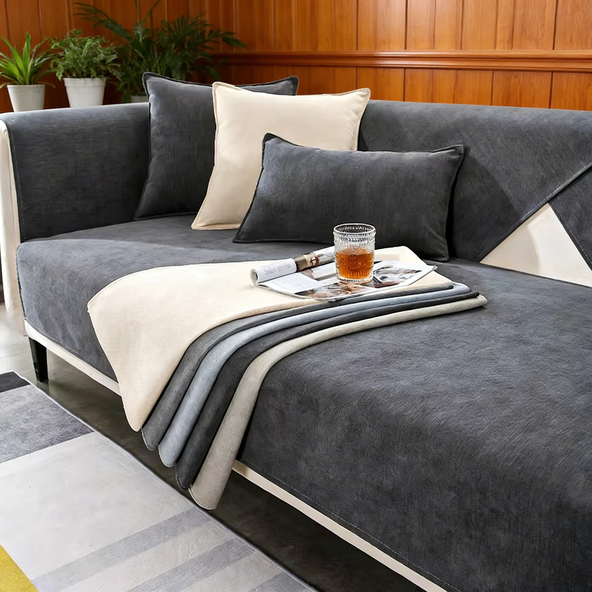 Solid Color Chenille Sofa Cover Non-slip Couch Cover Living Room Universal for Seasons Sofa Cover Backrest Armrest Protector Mat