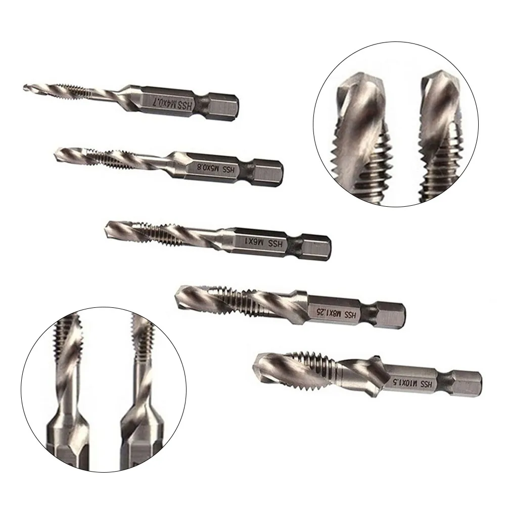 5pcs Tap Drill Bits Kit Hex Shank Thread Metric Tap HSS Screw Thread Bit Screw Machine Compound Tap For Metal Steel Woodworking