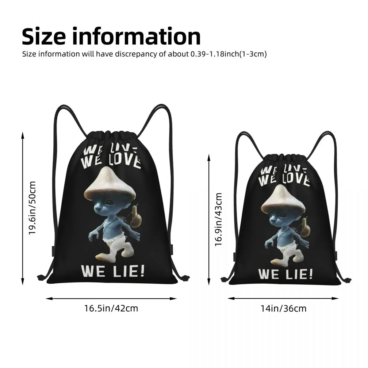 We Live We Love We Lie Drawstring Bags Sports Backpack Gym Sackpack Cat Mushroom Meme String Bag for Hiking