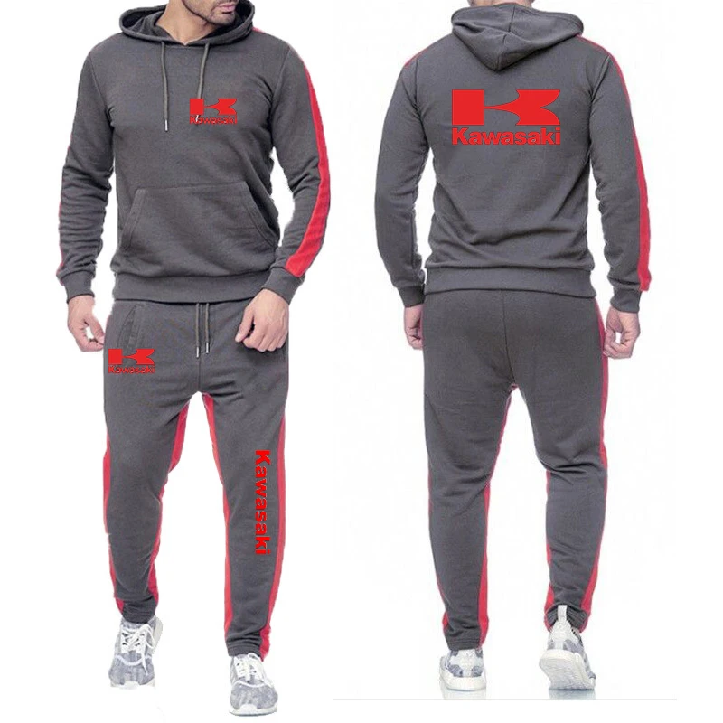 Spring Autumn Men Kawasaki Two-piece Set Kawasaki Motorcycle Racing Logo Print Fashion Casual Cool Hoodies+Sports Pants Suits 88