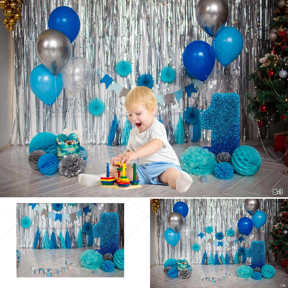 

Birthday Balloon Photography Backdrops 1st Baby Shower Silver and Blue Balloon and Fiowers Background Newborn Studio Photocalls