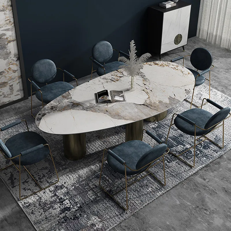 Luxury Stainless Steel Dining Table, Oval Imported Stone Tabletop, Trending Villa Home Design, Corrosion/Heat/Easy-Clean modern