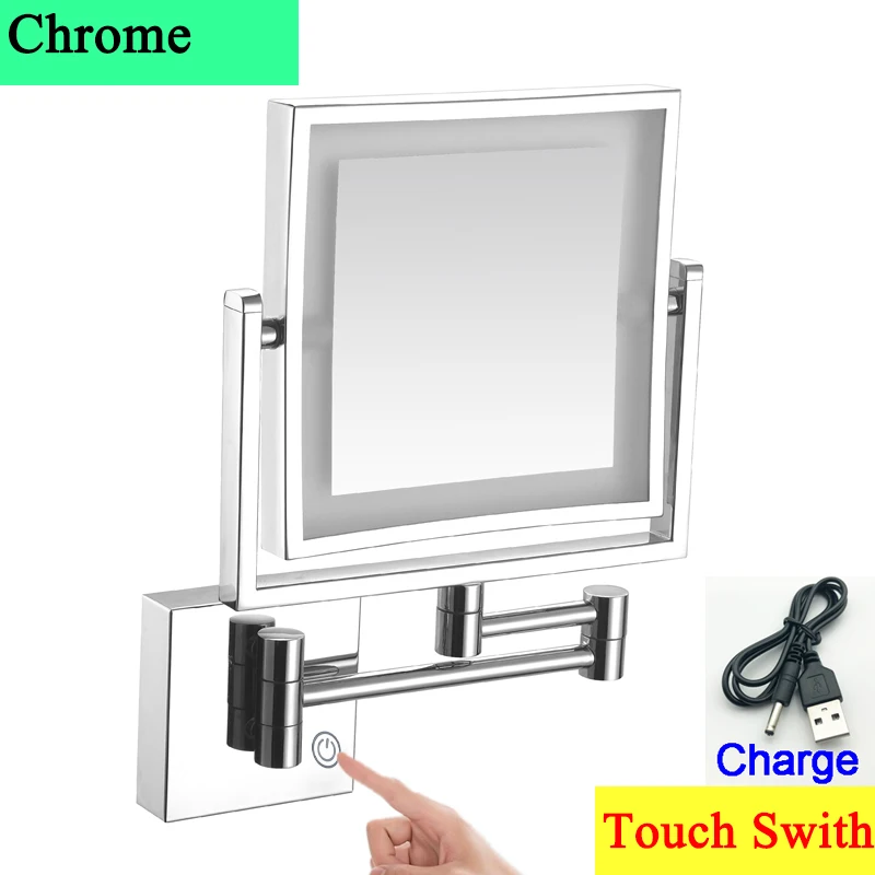 Square Touch Led opvouwbare badkamerspiegel 3x vergrotende badkamer make-upspiegels Accessoires Wandmontage Touch on badspiegels