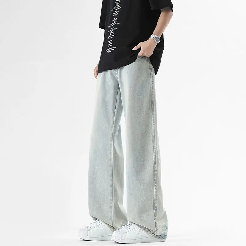 Men's Street Jeans, Simple And Wide Leg Trend Spring And Autumn Elastic Distressed Retro Loose Straight Leg Casual Pants