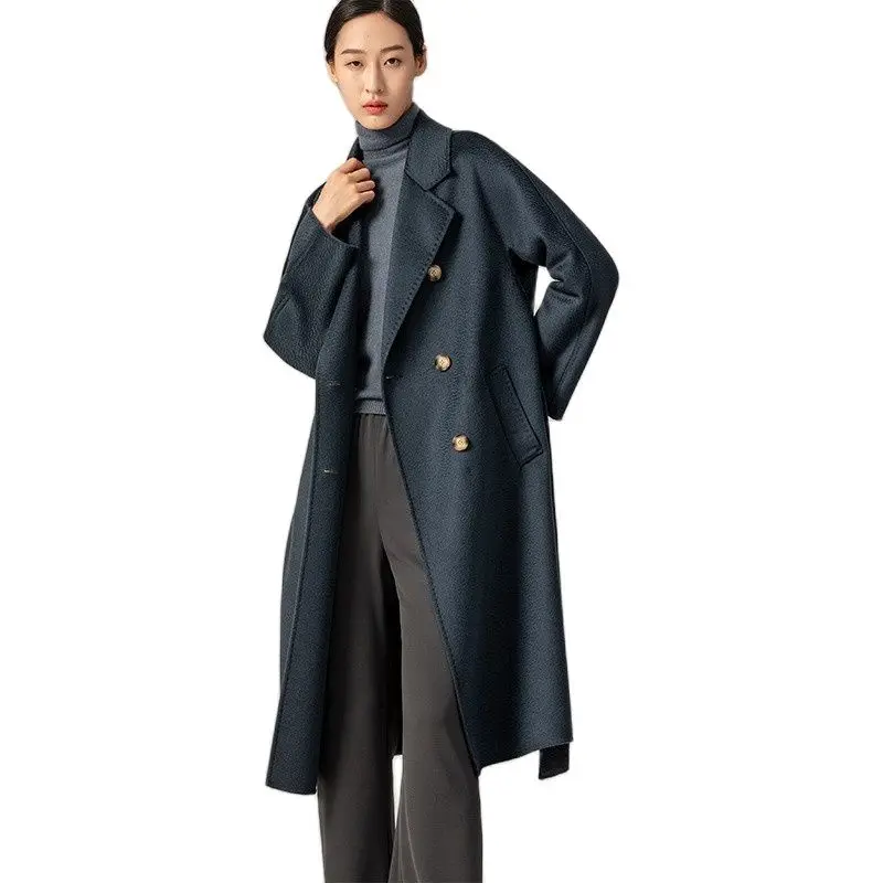 Women\'s Mid-Length Wool Coat with Slant Pockets Water Ripple Cashmere Coat Camel Lace-Up Button Black Casual JacketAutumn Winter