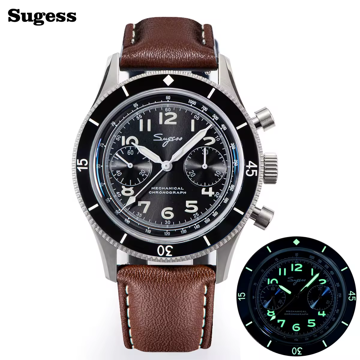 Sugess piloto relógio handwind cronógrafo relógios de pulso mecânicos esqueleto luminoso relógios masculinos cristal safira couro novo 2022