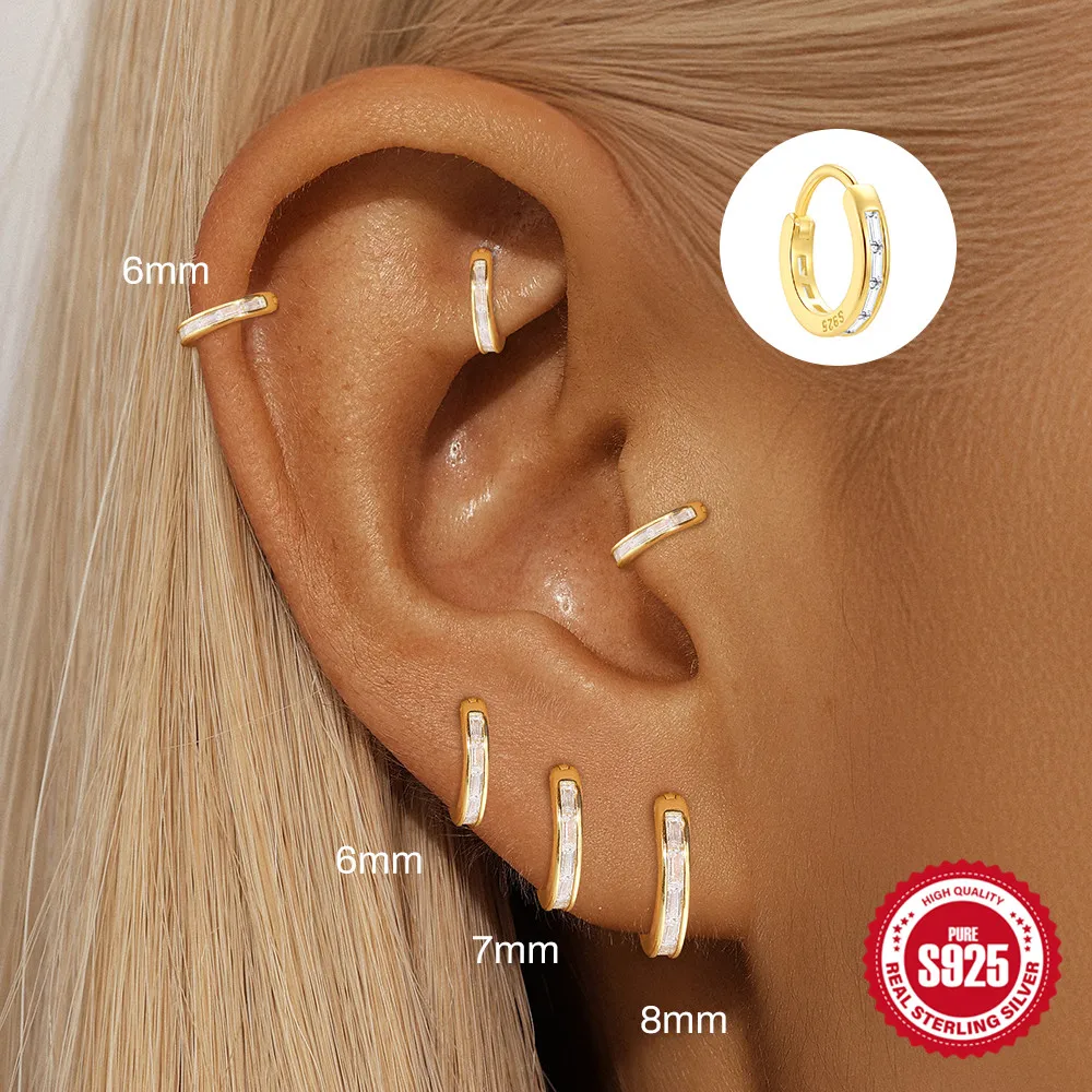 

AIDE 925 Sterling Silver 6/7/8mm Rectangular Zircon For Women Multi-size Classic Piercing Hoop Dainty Luxury Jewelry