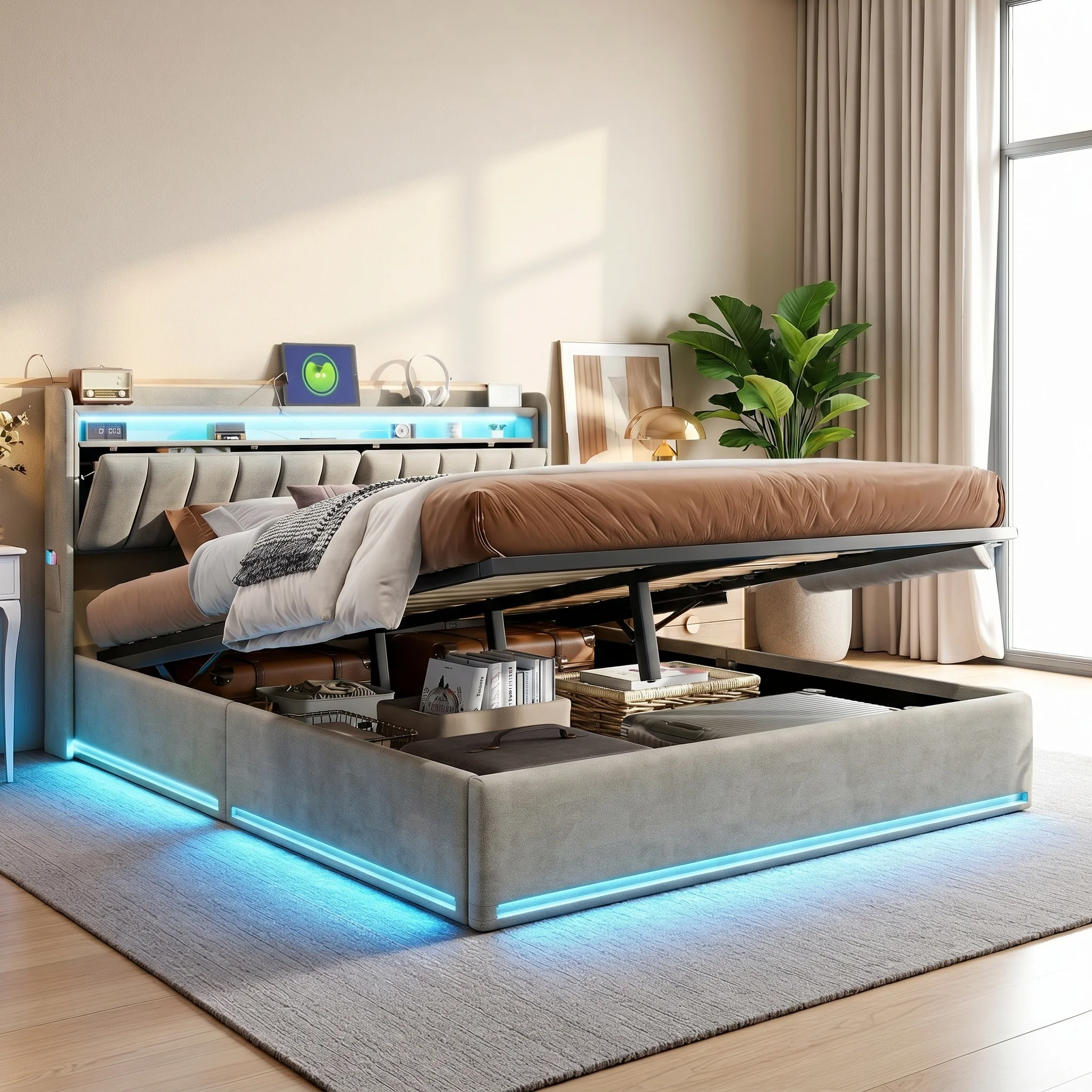 Anajqaqia 160×200 cm Hydraulisches Doppelbett, mit LED und USB, Polsterbett, mit Metallrahmen und Holzlattenrost, Samt