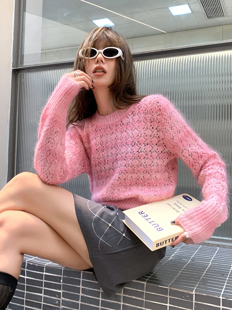 

Мягкий уютный женский свитер с длинными рукавами, в полоску, французский стиль, осень-зима, круглый вырез, супертонкий, из камвольной шерсти, двухцветный розовый