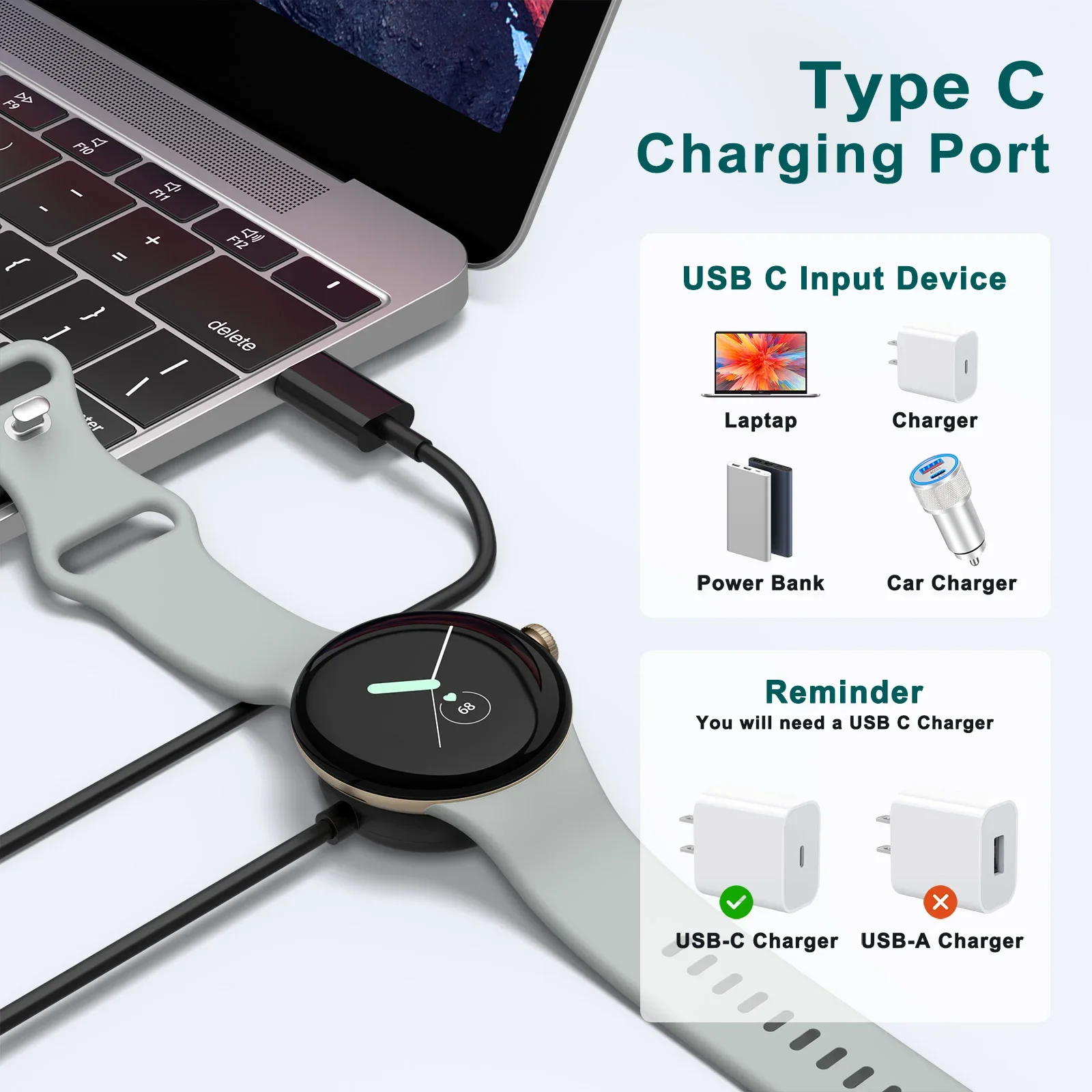 Kabel pengisi daya Cepat Tipe C 100cm, untuk Google Pixel Watch portabel pemegang kawat pengisian untuk Google Pixel Watch Dok adaptor pengisi daya