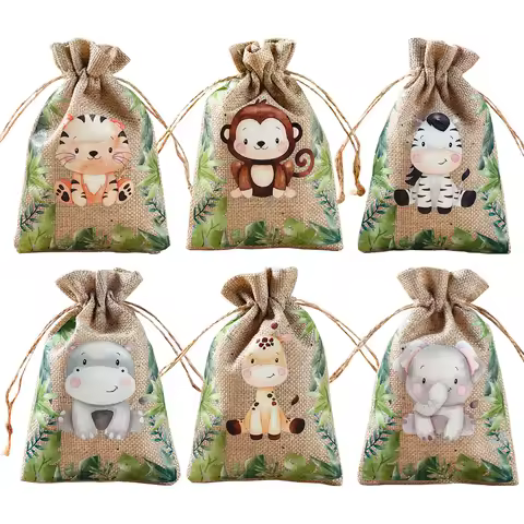 Jungle Animals Candy Bags Wedding Party Safari Birthday Party Decoration Gift Box Jewelry Hessian Sack Pouches Packing Bags