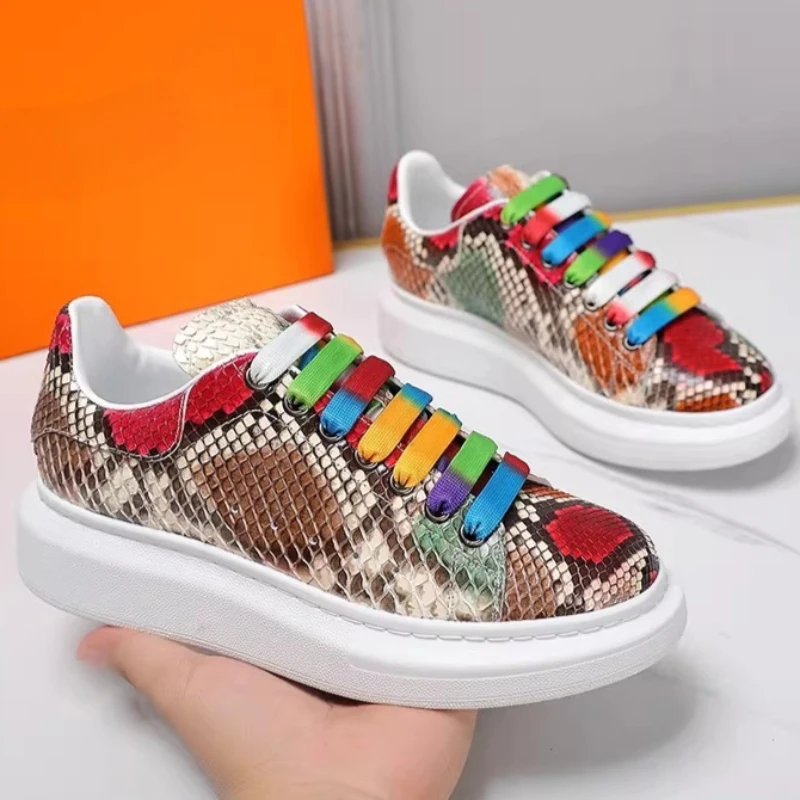 

Colorful Snake Skin Shoes for Men's Casual Sports Shoes Couple's Genuine Leather Lightweight Thick Soled Height Increasing Shoes