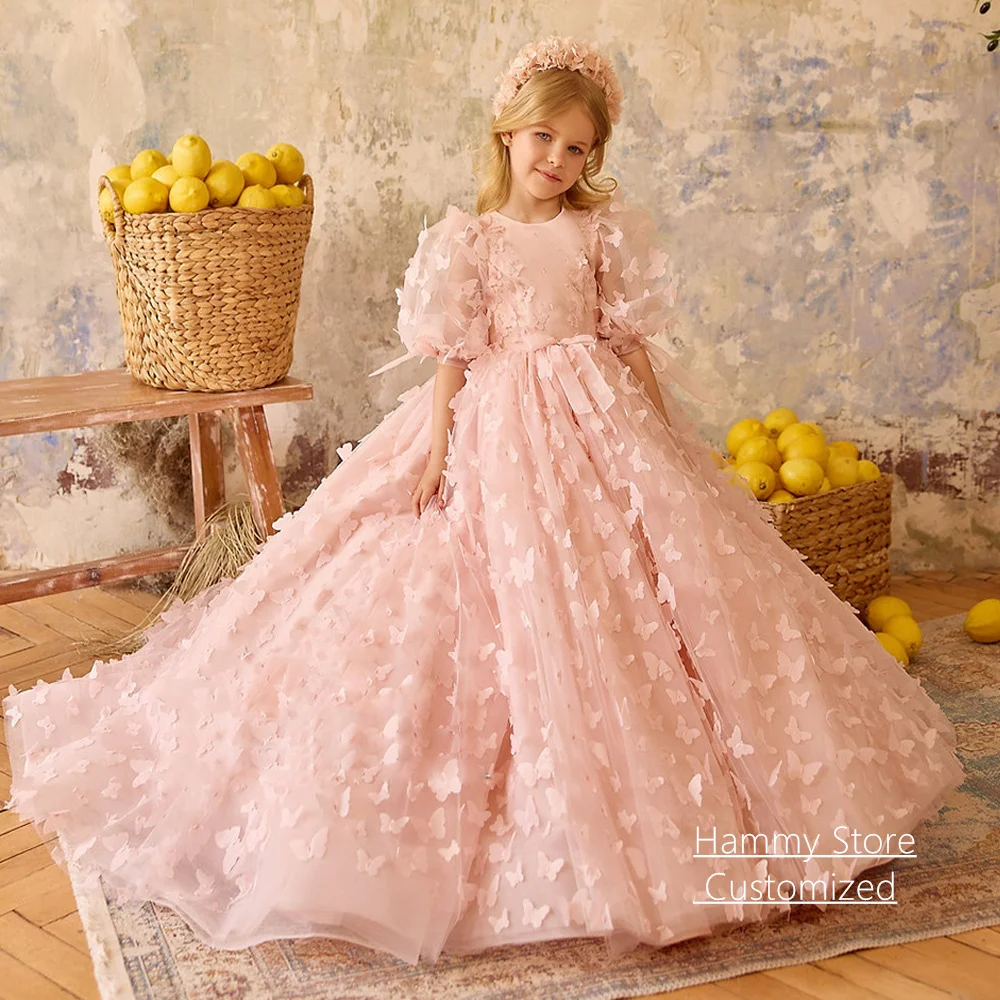 

Customized Ball Gown Flower Girl Dress Princess Sleeves Round Neck Butterfly Tulle Sweep Train First Communion Gown