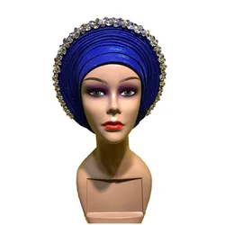 Latest Blue African Hijab Caps with Diamonds Already Made Aso Oke Gele Headtie Turban Head Wrap for Ladies XM424-1
