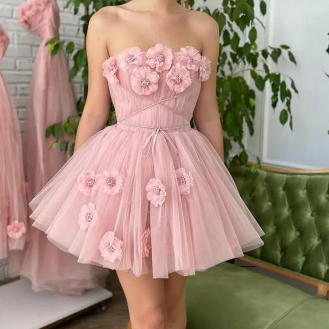 Modern New Mini 3D Flowers Strapless Homecoming Dresses Elegant Sleeveless Backless Party Wedding Gowns Customized