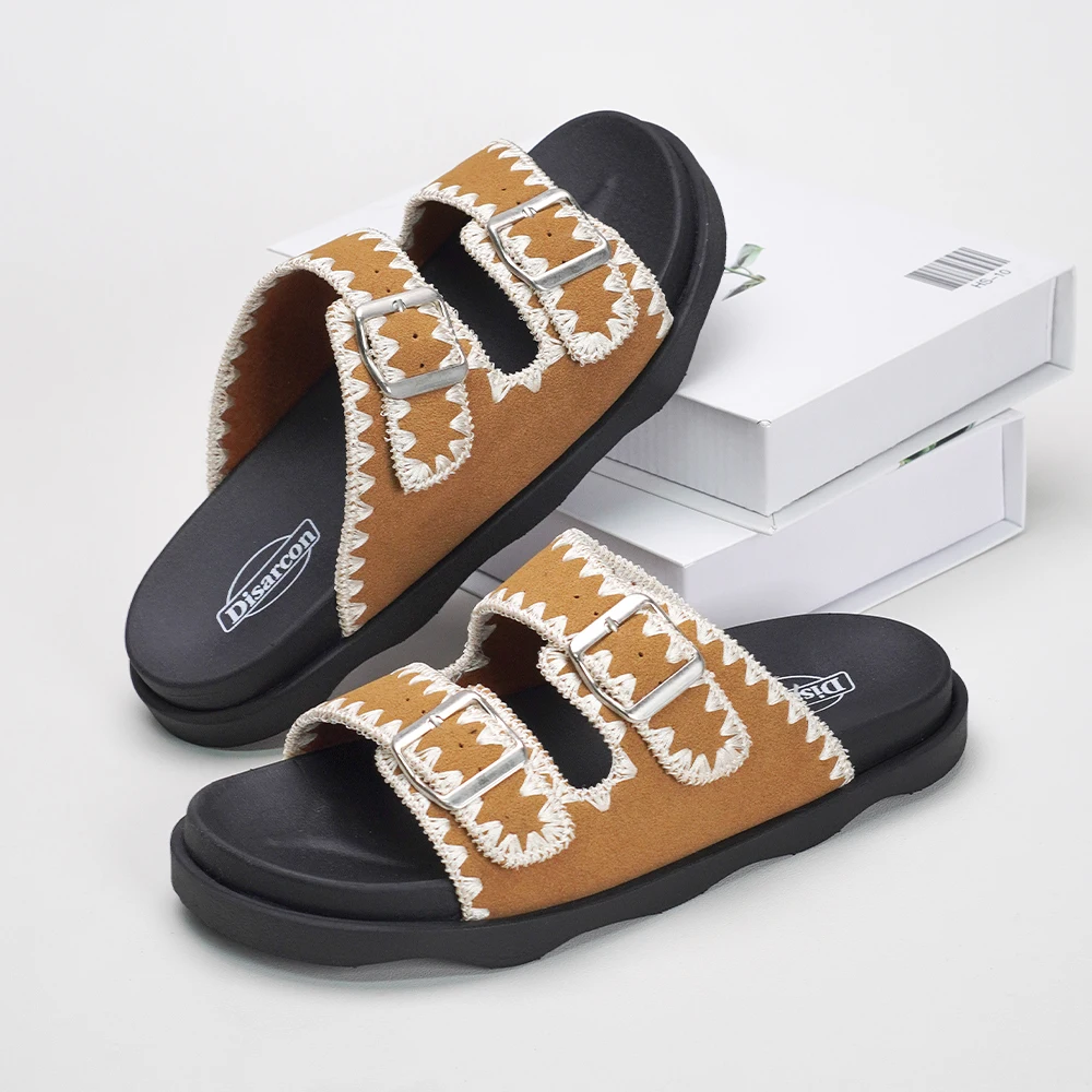 Retro Brown Embroidered Edge Sandals, Adjustable Buckle Flat Slippers, Women's Outdoor Non-Slip Sandals