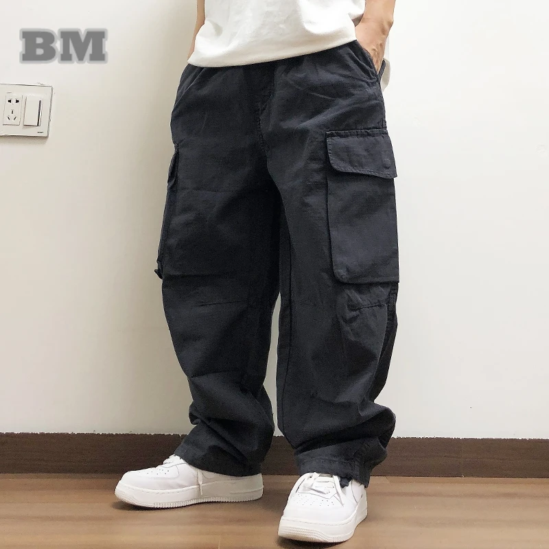 Mens Japanese Style Vintage Washed Baggy Cargo Pants Streetwear Oversized Straight Leg Trouser High Quality Urban Casual Loose