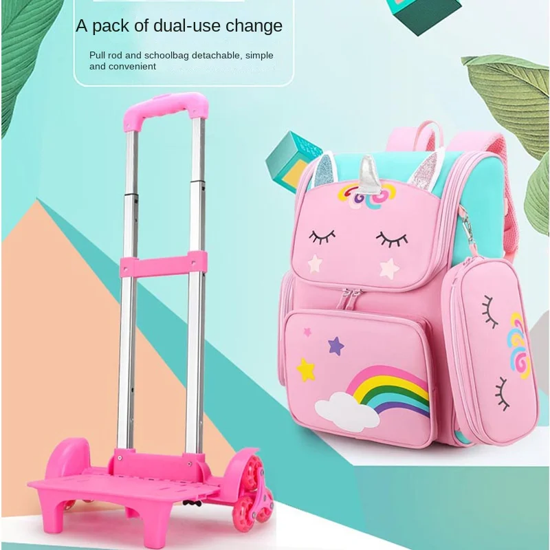 Childrens School Back Cartoon Rolling Trolley Wheeled Bag School Bags for Girls Kids Backpack Lightweight Student Book Bag