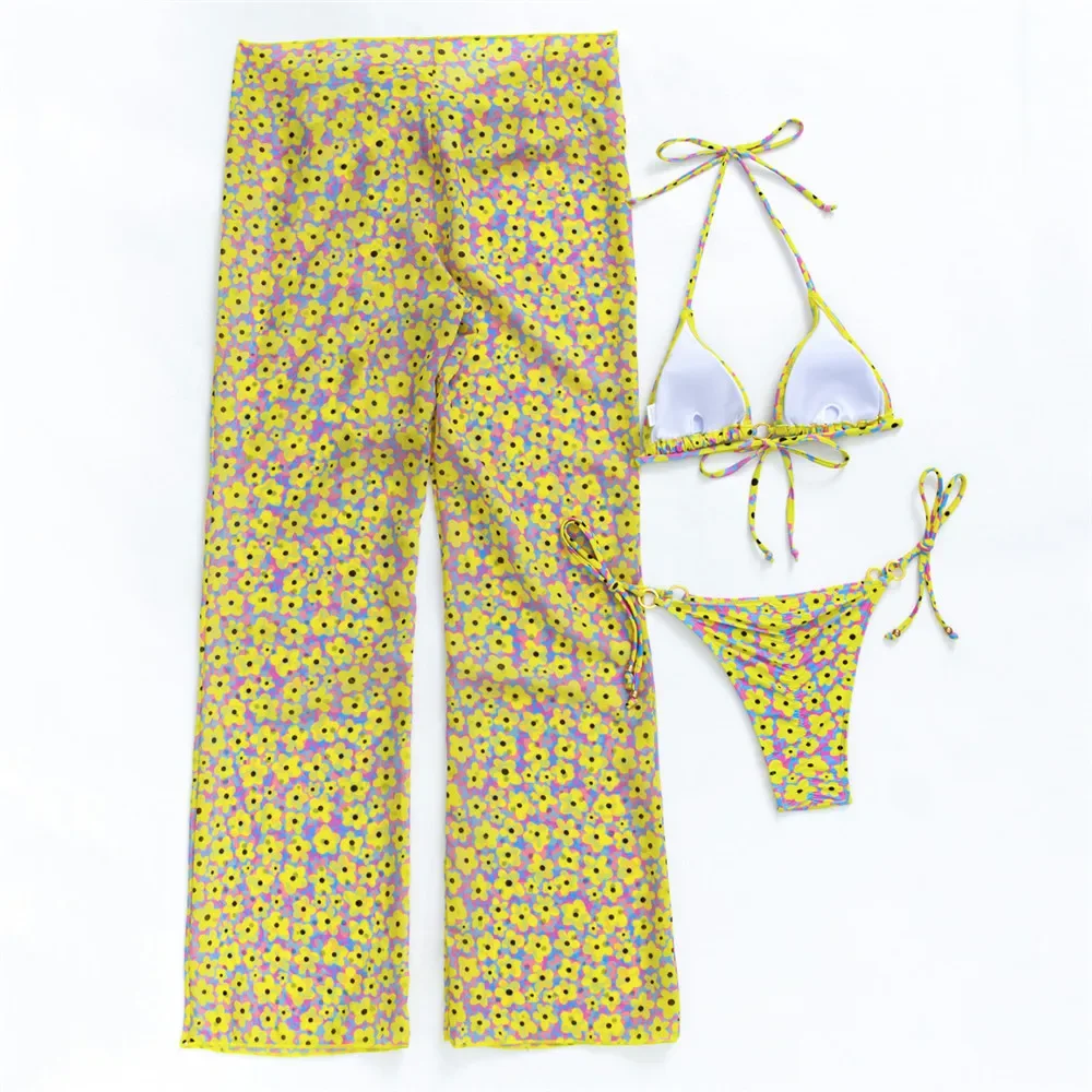 Sexy Floral Print Swimwear 3 Piece Bikini Set with Trousers Swimsuits Women 2024 Micro Thong Bikinis Mujer Beach Wear Bather