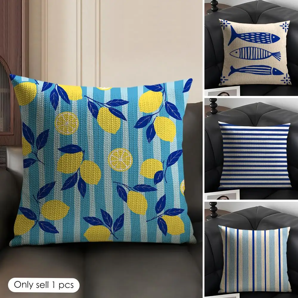 Blue Coastal Nautical Mediterranean Cushion Cover Natural Linen Fabric Double-Sided Printing Breathable Perfect Gift For Decor