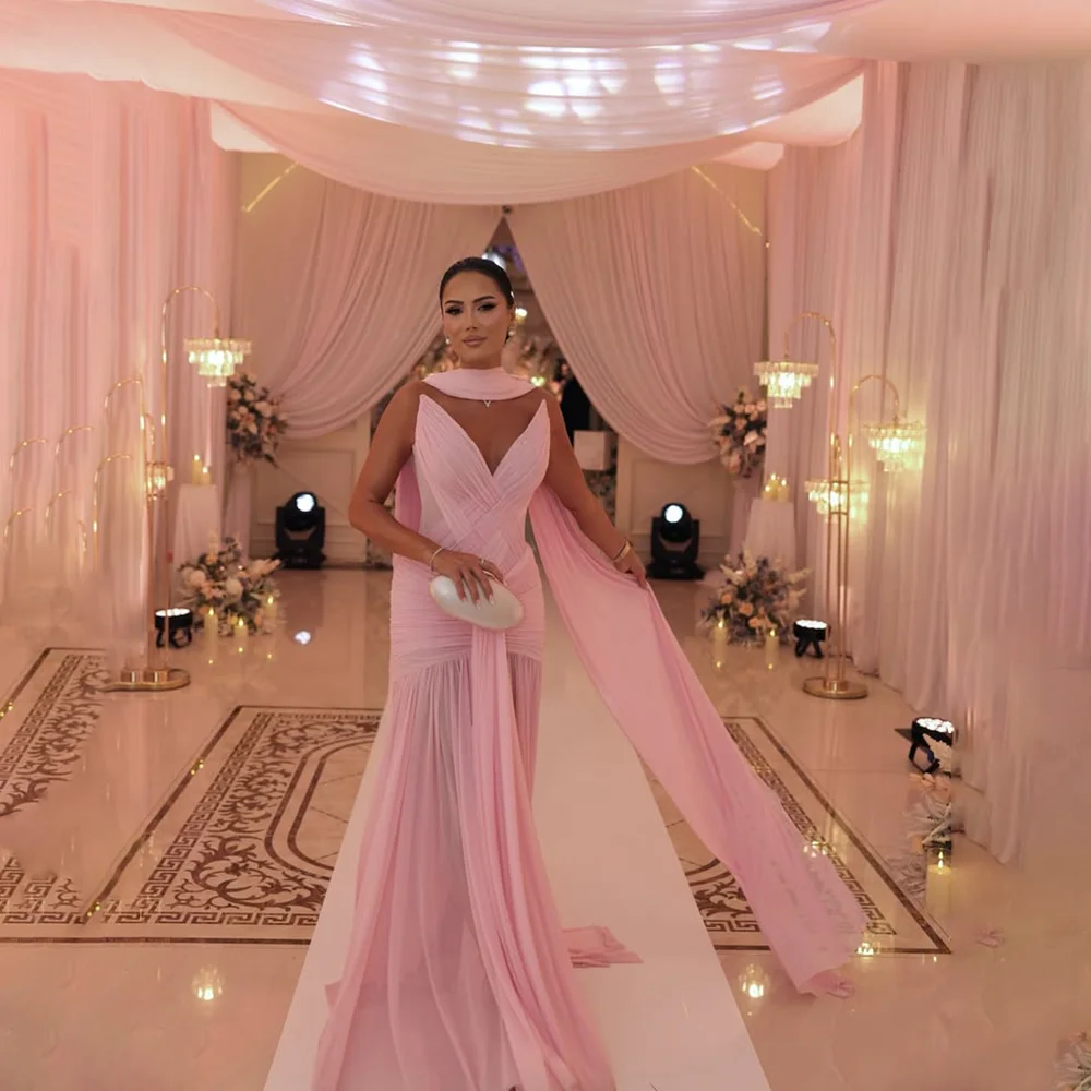 Vestido de noite rosa sexy com decote em v sem mangas plissado chiffon sereia vestidos de noite com ccarf vestidos de festa formais personalizados