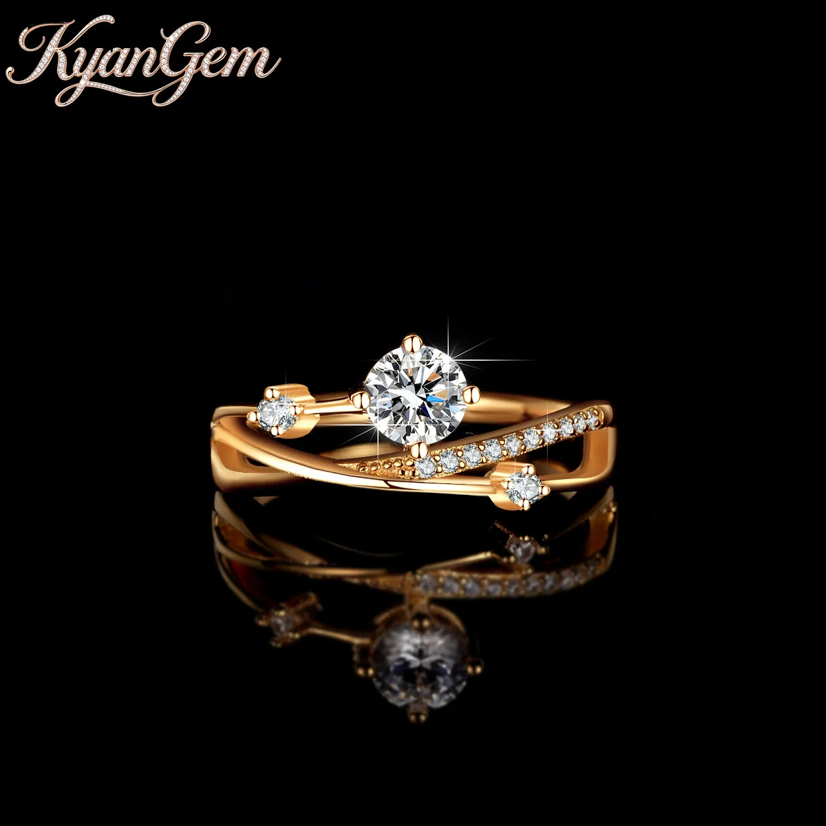 

KyanGem 18K Gold Four-claw Diamond Cross Rattan Ring, Moissanite Female 0.5 Carat rose gold Wedding Ring Charm Fine Jewelry Gift