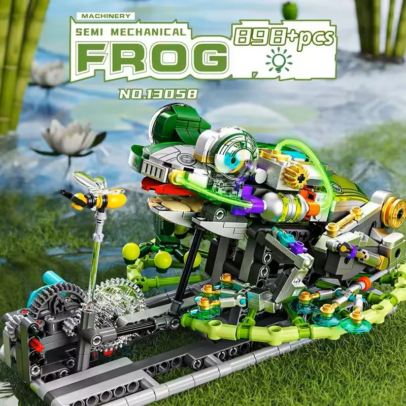 898PCS New Mechanical Frog Building Blocks With Lights Movable Gears Simulated Creative Toy Ornament Exquisite Christmas Gifts