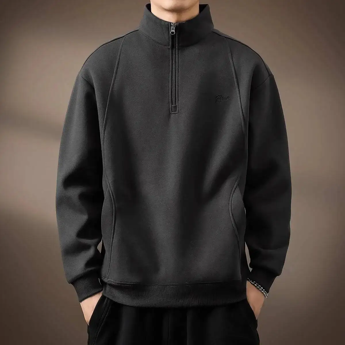

High-End Soft Heavyweight American Style Hoodie Men's Loose Large Size Retro Polo Shirt Half Zip Stand Collar Sweatshirt