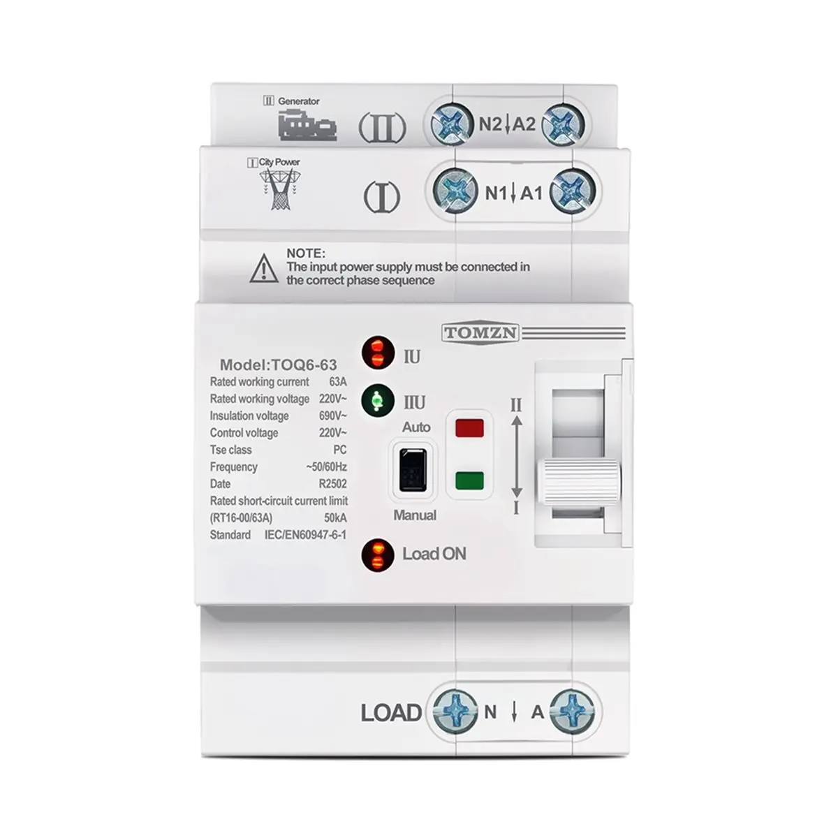 Y2222A*☀▃ Din Rail ATS L N 220V Small Dual Power Automatic Transfer Electrical Switches Uninterrupted 2P 63A TOQ6