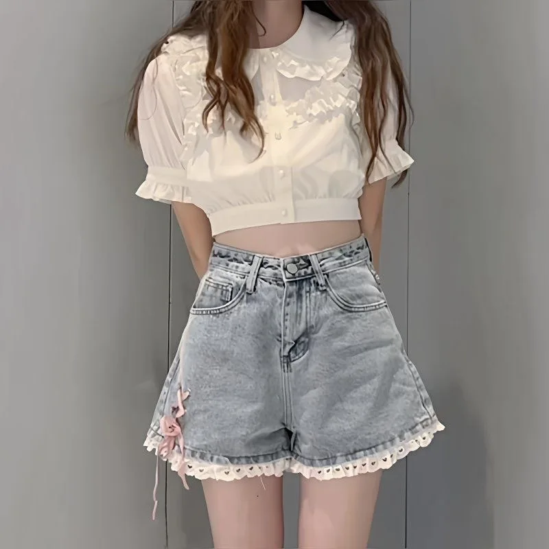 Korean Version of Retro Lace-edged Denim Shorts  Women with High Waist Loose Hot Pants Slimming A-line Shorts Wide Legs