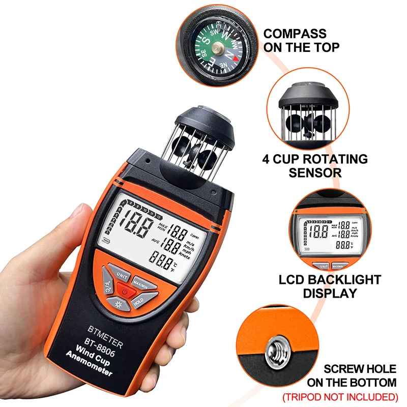 BTMETER Handheld Wind Cup Anemometer 2.5～150 KM/h AVG 6 Unit Adjustable with Temperature Measurement Backlight Display  BT-8806