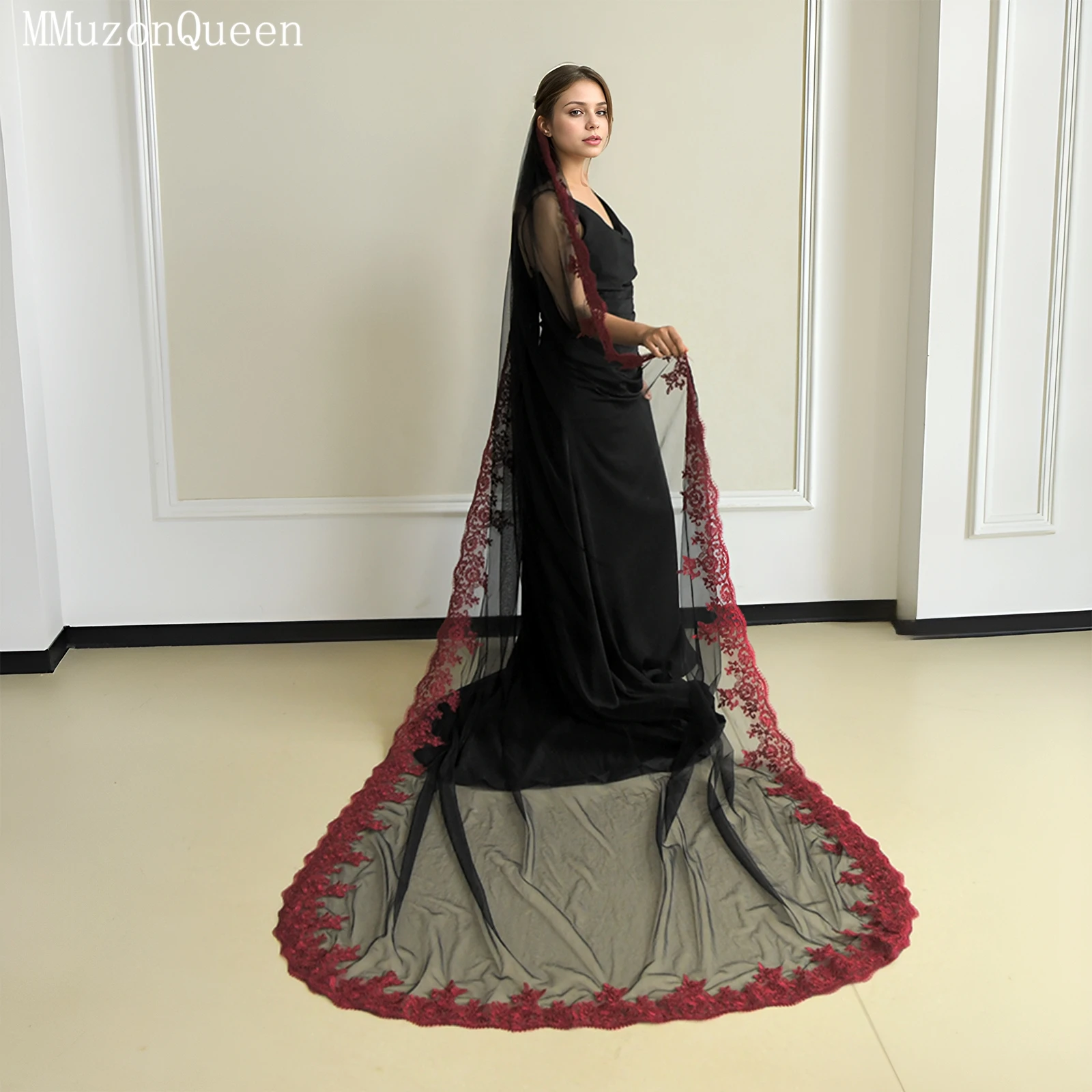 

Mmq Gothic Burgundy Lace Black Bridal Veil Veil Single Layer 3m Long Hair Comb Church Wedding Accessories