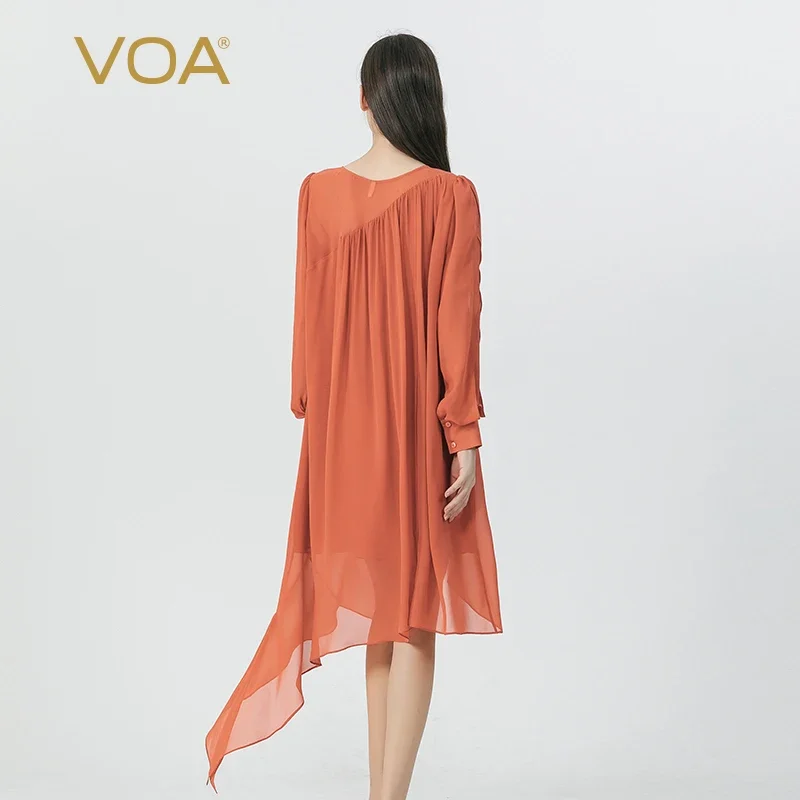 Voa tomate vermelho dupla camada georgette vestidos de seda amoreira o pescoço lanterna mangas compridas solto doce seda midi vestido ae1707