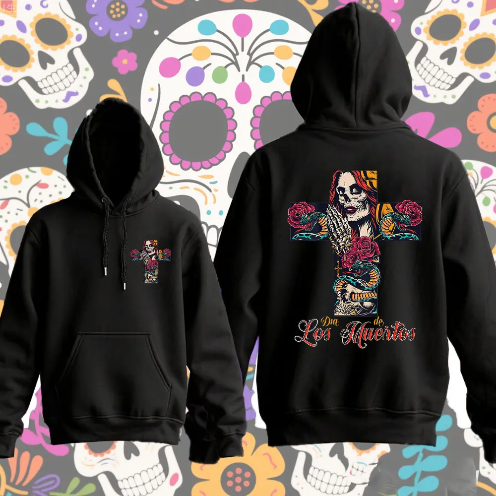 

Готическая толстовка с принтом сахарного черепа, мексиканская толстовка унисекс с длинными рукавами большого размера, День мертвых, скелеты, свободный крой, повседневный пуловер
