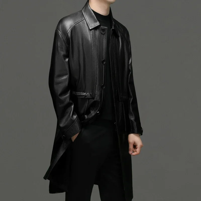 2024-New Men's Fashion Business Casual Slim-fit Exquisite Leather Coat Trend Professional Wedding Lapel Trench Coat Cowhide Coat