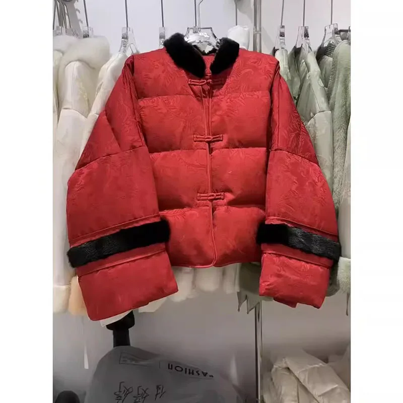 

Красное женское модное зимнее пальто Jaet в китайском стиле новогоднего дизайна с пуговицами прямого кроя