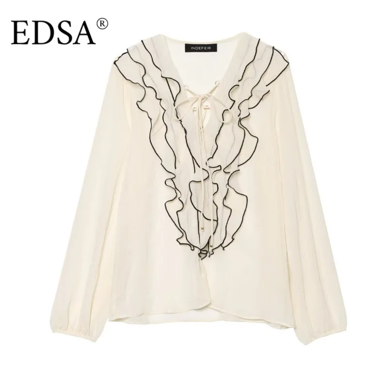 

EDSA Women Vintage Semi-sheer Blouse with Ruffles Trims with Drawstring V-neck Long Sleeves Elasticated Cuffs Summer Shirt Tops