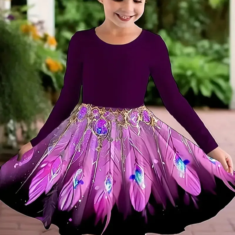 Robe à manches longues pour filles, vêtements de danse de Ballet, imprimé plumes de paon, Costume de spectacle de fête tendance, nouveau Style