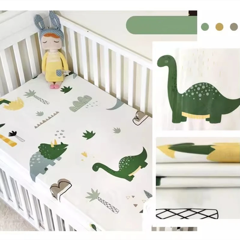 5PCS Dinosaur Baby Crib Bedding Set Cotton Print Toddler Baby Bed Linens Baby Bed Fence includes( 4Bumpers+Sheet)