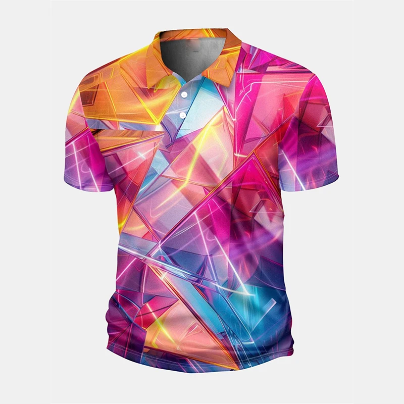 Cool Geometric Shapes Classic Polo Shirt Men's Fashion Clothing Lapel Button Shirts 3D Printed Colorful Electronic Street Top