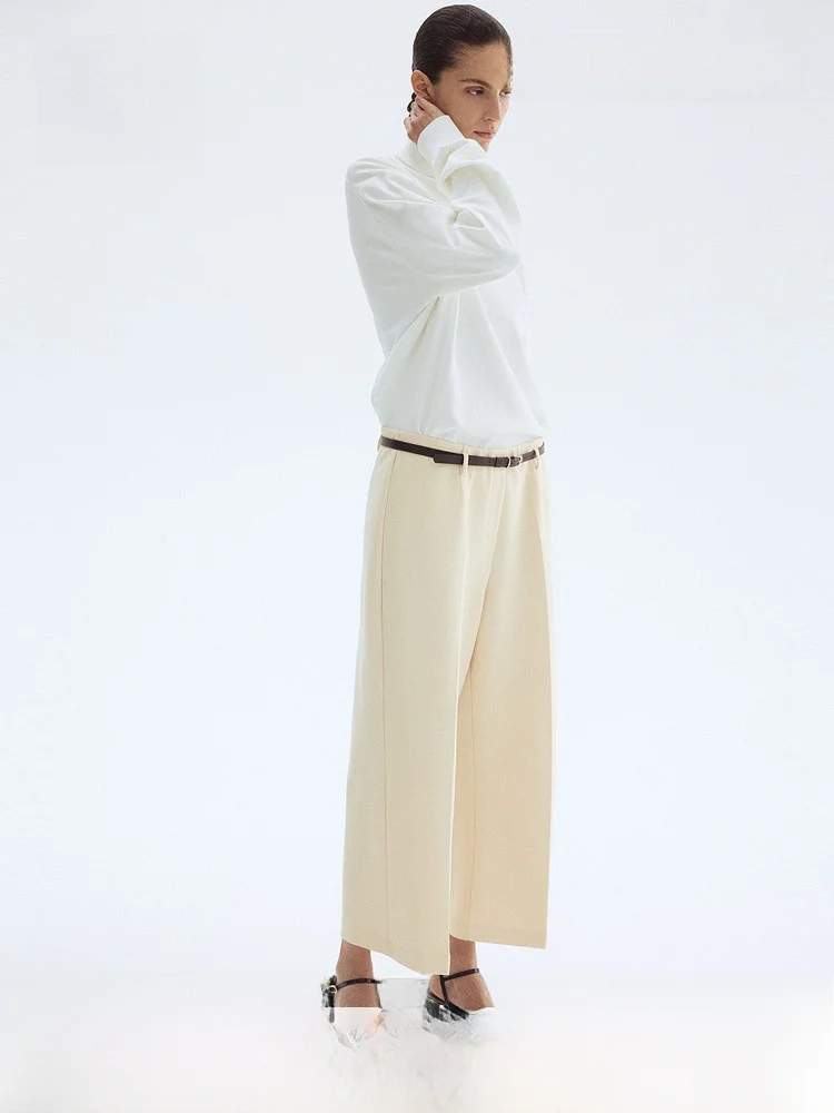 

H&M Summer Women's High Waist Straight Leg Pants Ankle Length Belt Included Casual Style Polyester Spandex Blend Ladies Trousers