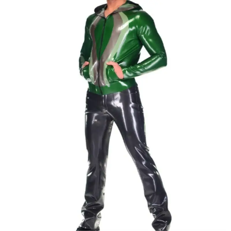 Latexanzug ชุด Zentai Latex รสกัวเม่โลหะสีเขียว Hood ชุด0.4มม.S-XXL