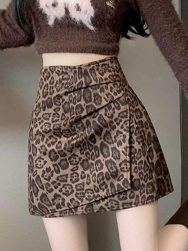 American Style Sweet Sexy Leopard Print Pleated Skirt Women's Autumn New High Waist Slimming A-line Hip Hugging Short Skirt