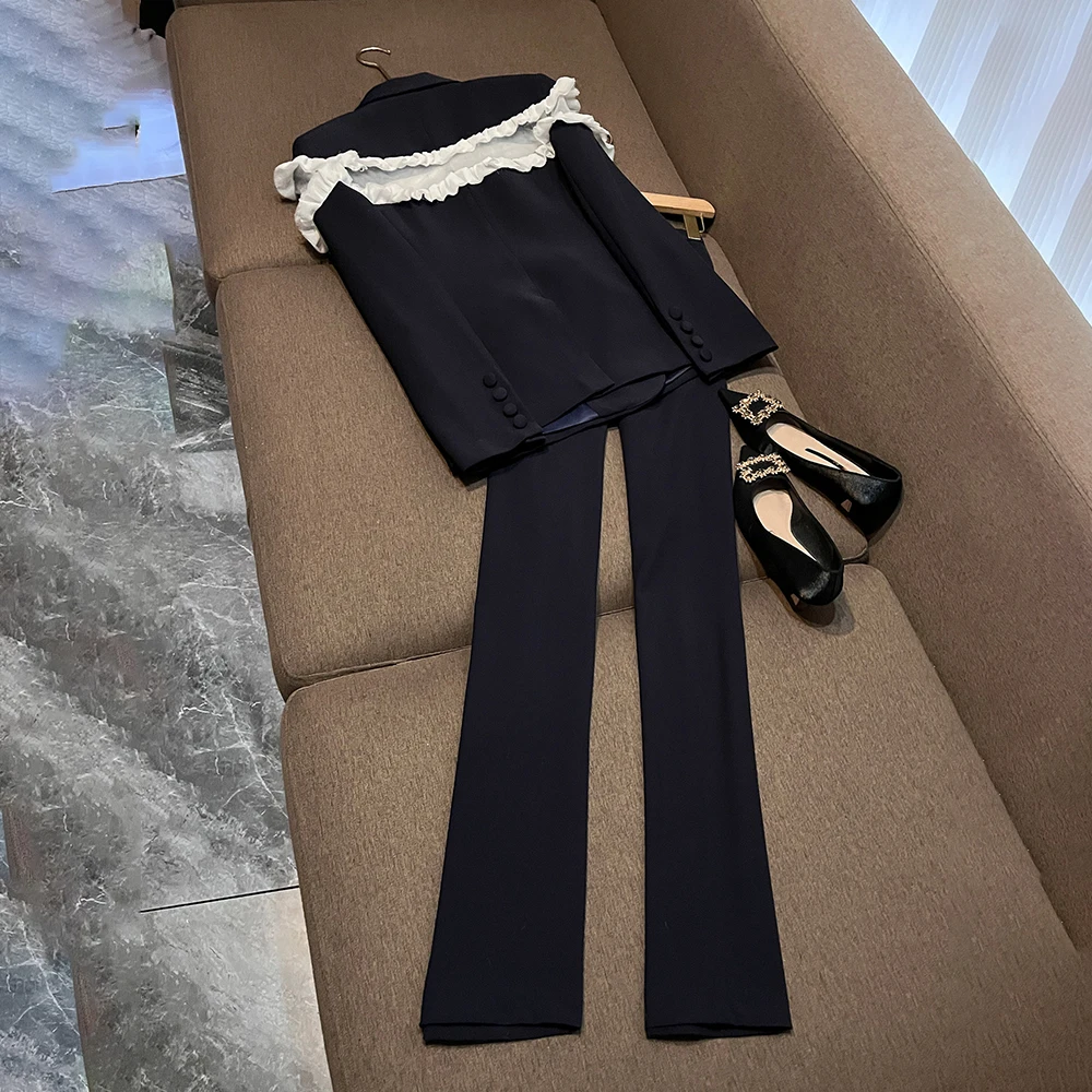 TWOTWINSTYLE Design Sense Two Piece Sets For Women Lapel Long Sleeve Top High Waist Pants Elegant Set Female Fashion KSE559114