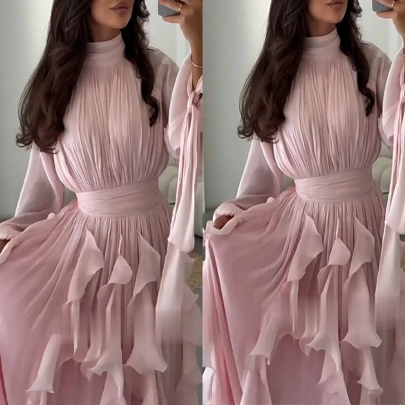 ハイウエストプリーツパーティードレス レディース カジュアル ハイネック レイヤード 宴会ドレス エレガント 長袖 無地 イブニングドレス