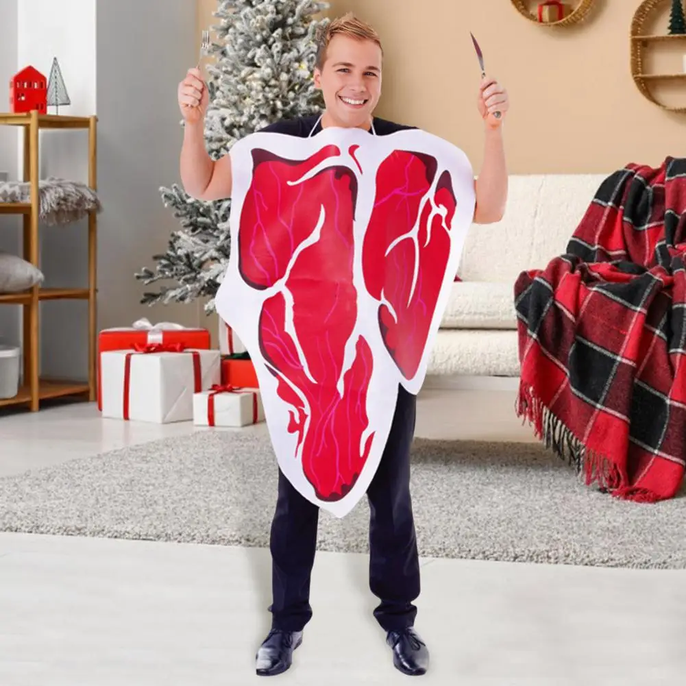 

Steak Costume Halloween Party Cosplay Costume with Fake Steak Neck-hanging Prop for Stage Performance Bright Color Loose