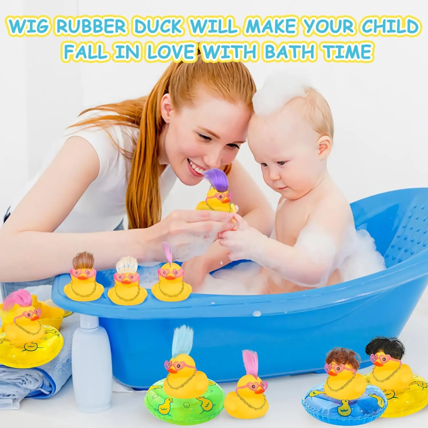 Rubber Duck Bath Toy,12PCS Yellow Mini Wig Rubber Duck with Colorful Hair Accessorie,Cute Funny Bathtub Shower Toy for Kid Gift