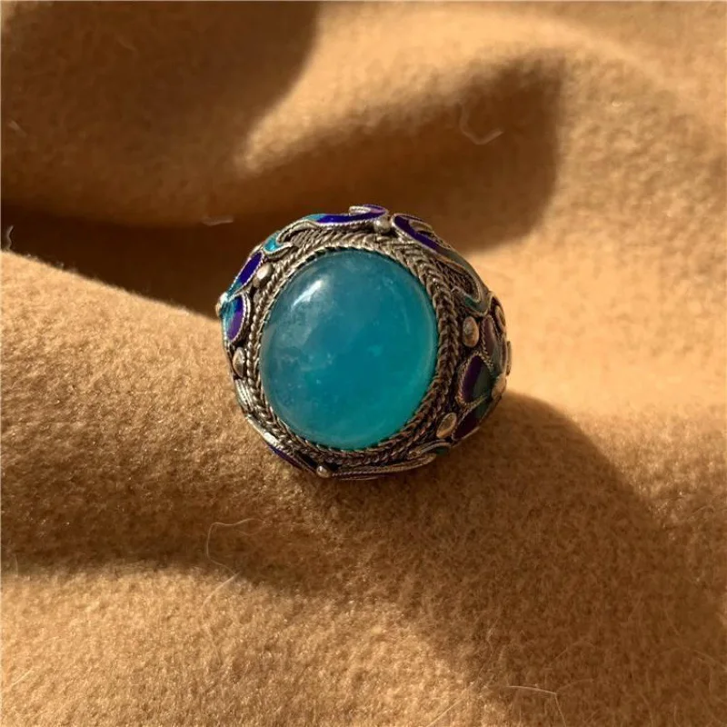 silver 925 inlaid blue-green filigree Tianhe stone bracelet for women retro exquisite enamel bangles ethnic style jewelry